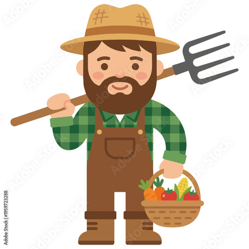 Cute cartoon farmer character holding pitchfork and basket of vegetables, smiling bearded man in simple flat style. Vector illustration.