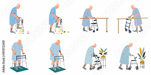 Illustrations of an elderly man in a hospital gown performing physical therapy and rehabilitation exercises using various walkers and mobility aids.