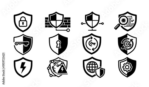 A set of security icons in a flat, minimalist design style
