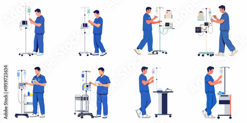 Set of male medical professionals in blue scrubs operating IV drips, heart monitors, and using tablets in a hospital setting, professional flat vector illustration.