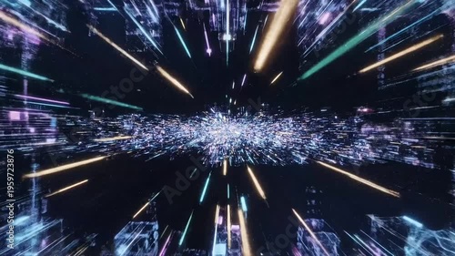 Futuristic digital tunnel with vibrant neon lights and geometric shapes speeding towards a bright center