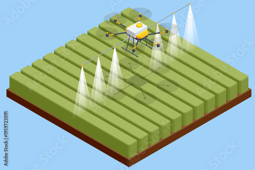 Isometric agricultural drone spraying or irrigating crop rows in a farm field. Precision farming technology automated plant care, aerial treatment, smart agriculture, crop protection, agronomy support