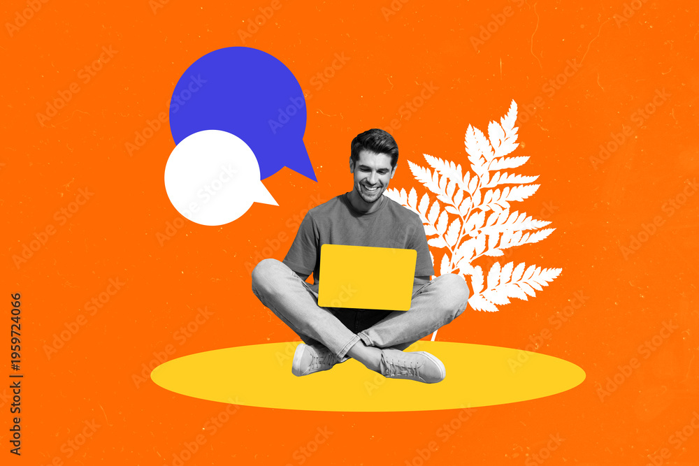 Obraz premium Composite sketch design artwork 3D photo collage of young man sit work laptop bubble email texting speech cloud chatting text note nature