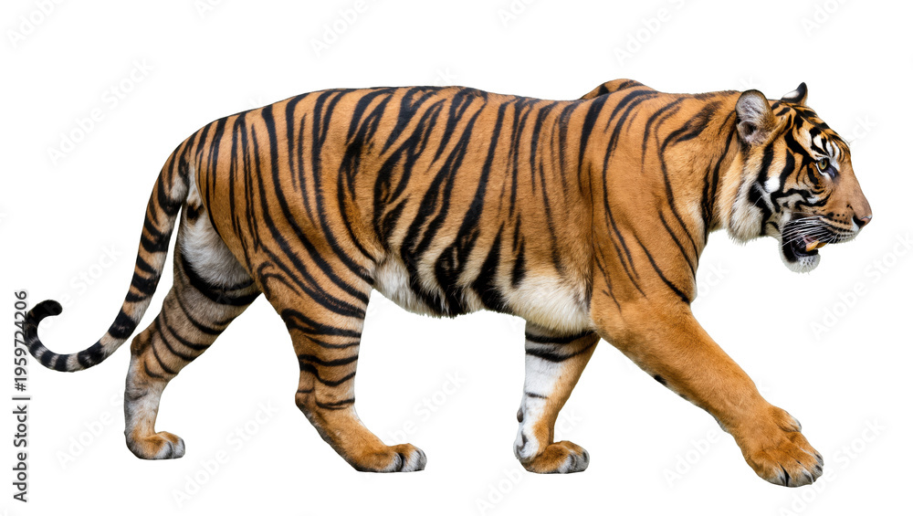 Fototapeta premium A majestic striped Bengal tiger on a powerful stride, showing its wild nature and strength.
