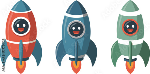 Colorful cartoon rockets, happy faces, launching, flat vector art style