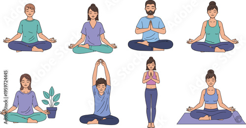 Yoga and Meditation Practice Vector Set with Diverse People Performing Poses, Breathing Exercises, and Mindfulness for Wellness and Healthy Lifestyle Design