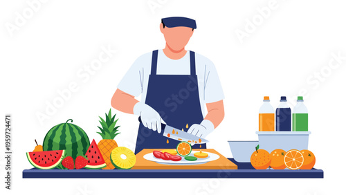 Art of Fresh Fruit Cuts: A culinary artist masterfully prepares an array of vibrant fruits, transforming them into a delectable assortment for the palate. This scene highlights the freshness, color.