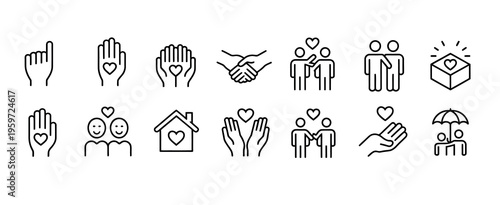 vector care and support icons, illustration set for medical, wellness, and assistance themes, minimal line art style with scalable editable strokes, suitable for interface, branding, and presentation.