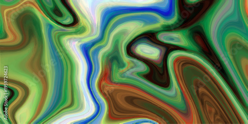 Abstract liquid marble background with vibrant green, blue, and brown swirling fluid acrylic paint texture and waves