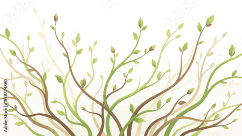 Budding Spring Twigs with Fresh Green Leaves and Brown Branches