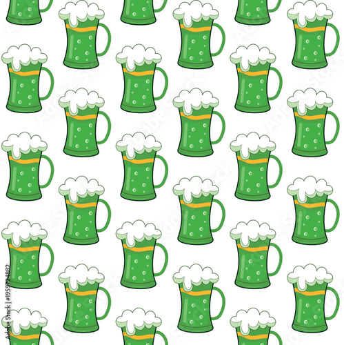 Green beer mugs seamless pattern for saint Patrick's day celebration
