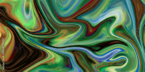 Abstract liquid marble background with vibrant green, blue, and brown swirling fluid acrylic paint texture and waves