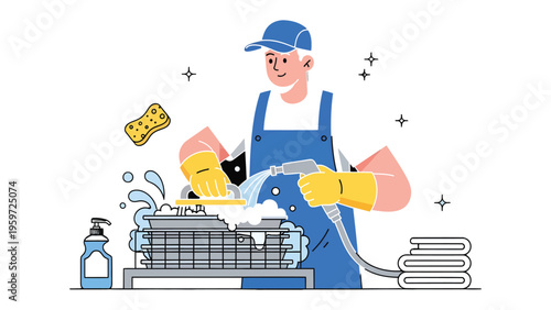 Maintenance Worker in Action: A diligent maintenance worker, clad in work attire, meticulously cleans industrial equipment using a water hose and sponge.