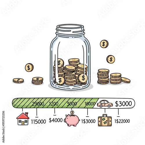 Illustration shows money jar filling with coins, symbolizing saving. A progress bar tracks financial goals like buying a house, a car, and planning travel