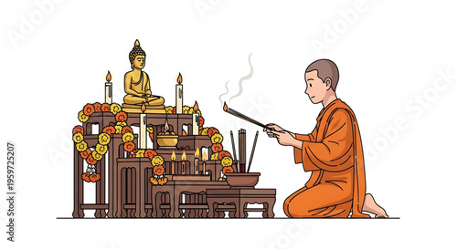 A Buddhist monk in orange robes kneeling and holding incense in front of a Buddha statue with candles and flowers