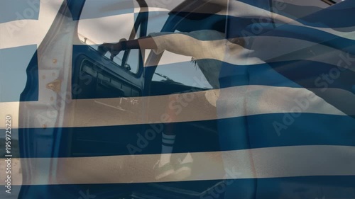 Animation of flag of greece waving over flag of greece flag waving over surgeons in operating flag