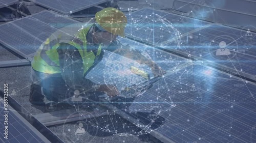 Animation of globe, profile connecting dots over caucasian engineer working at solar power station