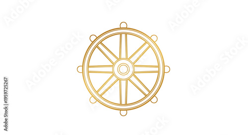 A golden wheel icon with a minimalist design and flat style, representing spirituality and Buddhism.