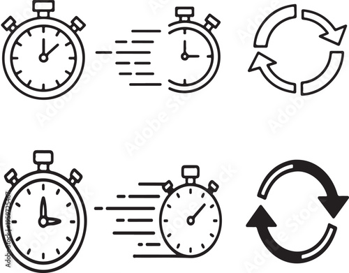 Stopwatch icons and refresh arrows, time and reload symbols
