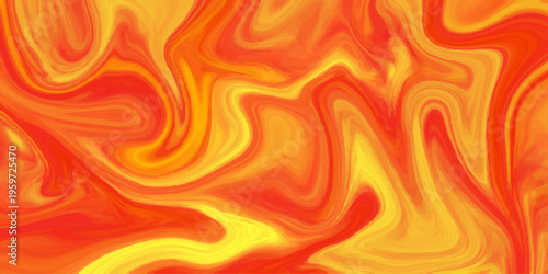 Abstract orange and yellow liquid marble background; vibrant fiery fluid acrylic swirl texture with dynamic wavy flow