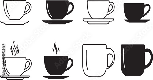 Coffee cup icons in various styles and colors with includes steaming hot