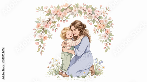 A tender moment of a mother embracing her young child under a blooming cherry blossom tree arch