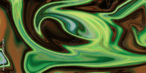Abstract liquid marble background with vibrant green, blue, and brown swirling fluid acrylic paint texture and waves