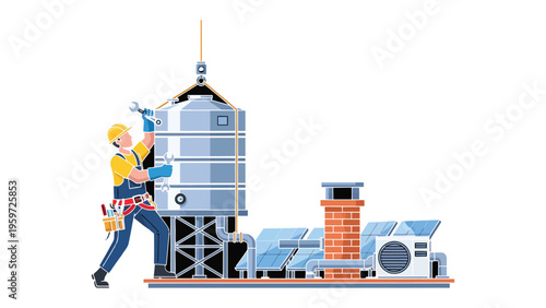 Industrial Assembly: A worker meticulously installs a vital component on an industrial structure, capturing precision and innovation.