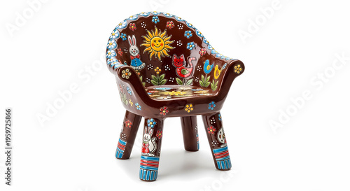 Colorful Pottery Chair for Kids with Hand Painted Design Isolated on White