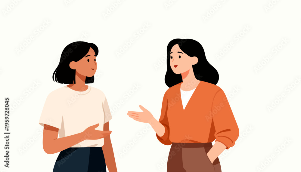 Fototapeta premium Two women converse warmly in a minimalist setting. One gestures expressively while the other listens attentively. Their calm expressions suggest a friendly or supportive interaction