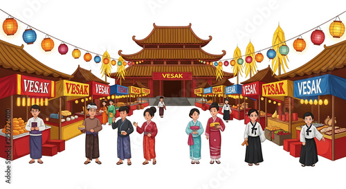 A vibrant illustration of a Vesak festival market scene with people in traditional Asian clothing