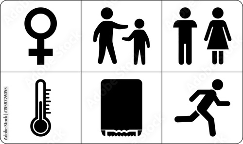 A minimalist grid of six black glyphs showing gender, family, and activity symbols.