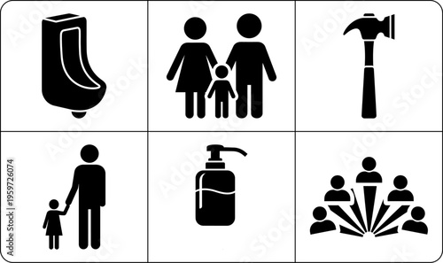 Six black pictograms with dividing lines depicting family, tools, and hygiene icons.