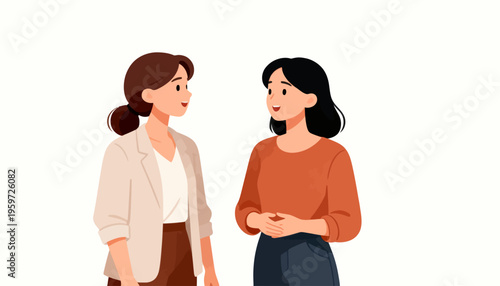 Two women converse warmly in a simple, bright setting. One smiles gently, suggesting friendly engagement. The other listens attentively, showing sincere interest. Their casual attire implies relaxed