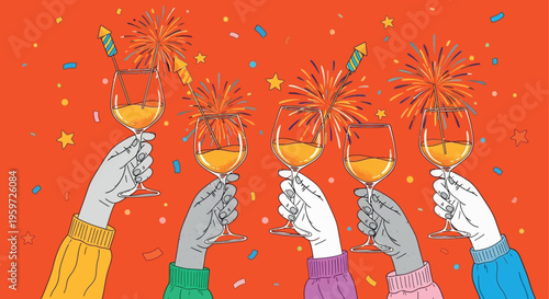 Multiple hands wearing colorful sleeves toast with wine glasses against an orange background.