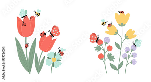 Delightful spring garden scene blooming with colorful flowers and cheerful insects like butterflies, busy bees, and tiny ladybugs enjoying the natural beauty