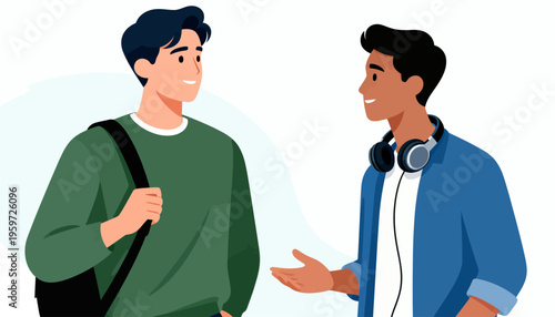 Two young men engage in friendly conversation. One wears headphones, gesturing warmly. The other smiles, carrying a shoulder bag. Their expressions show relaxed, pleasant interaction