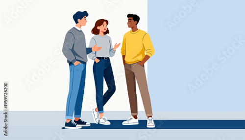 Three friends stand in a modern, minimalist space. They chat, gesture, and smile warmly. Casual clothing and relaxed postures suggest comfort. Ideal for team bonding, social events