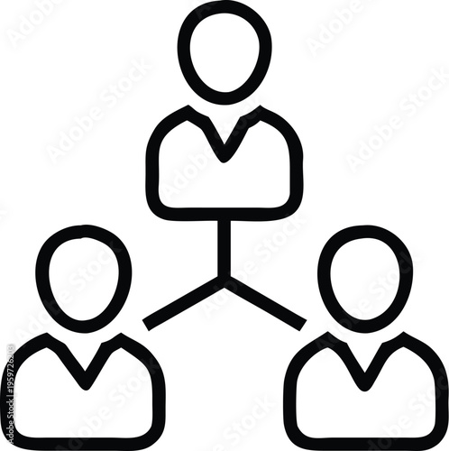 A simple black and white line drawing depicts four stylized figures arranged in a hierarchical structure suggesting teamwork or leadership high quality professional detailed modern elegant