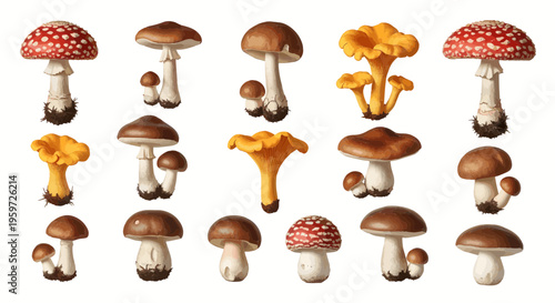 Diverse Assortment of Hand-Drawn Wild Mushrooms and Edible Fungi, Showcasing Nature's Botanical Variety in a Charming Illustration
