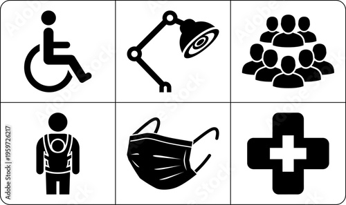 Six black accessibility and lifestyle pictograms arranged in a clean bordered grid.