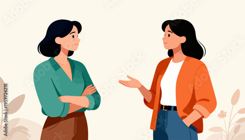 Two women converse in a gentle, illustrated scene. One listens with crossed arms, appearing thoughtful. The other gestures, sharing ideas with open hands. Soft leaves frame the background