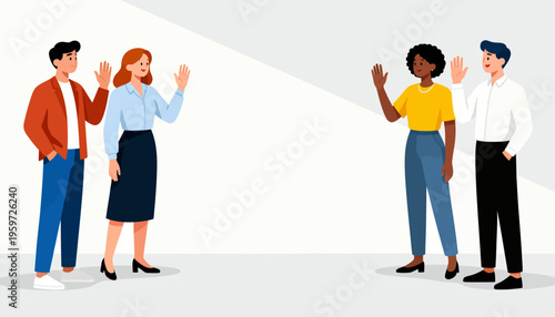 Four people wave hello, smiling warmly. Two men and two women stand together. Their gestures suggest friendly greetings. Bright colors add cheerful energy to the scene