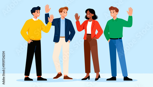 Four cheerful people wave together against a soft blue backdrop. They smile, showing friendly energy and mutual connection. Ideal for team gatherings, workplace celebrations
