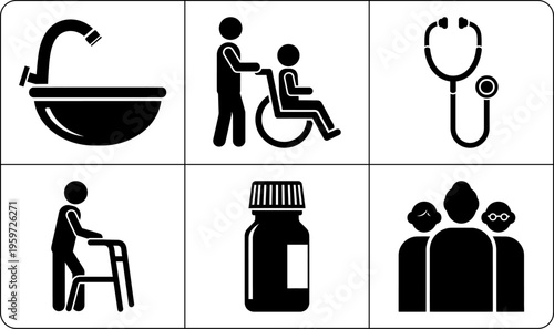 Six symmetrical healthcare pictograms featuring caregiver assistance and medical symbols.