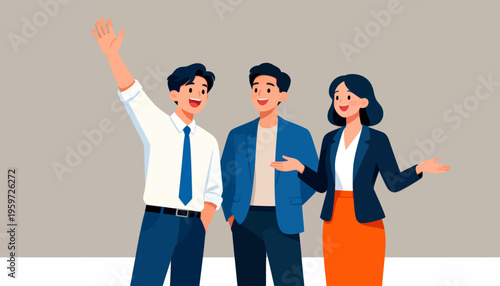 Three animated professionals gesture warmly toward the viewer. One waves high, smiling brightly. Another points, showing enthusiasm with open hands. The third gestures outward, confident and welcoming