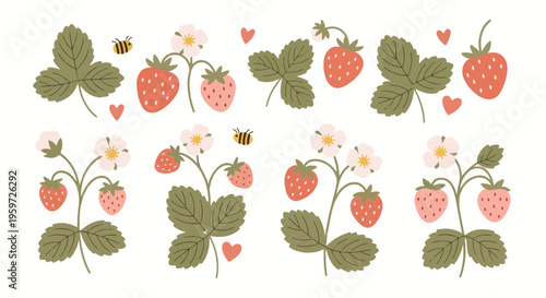 Charming collection of cartoon strawberry plants with ripe berries, delicate flowers, and buzzing bees, perfect for spring and summer designs