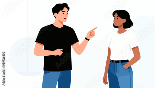 Two people stand facing each other. One gestures toward the other with a finger. Their expressions suggest casual conversation. The setting is clean and minimalist