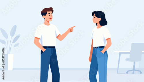 Two people stand in a bright, minimalist room. One gestures while speaking, the other listens attentively. The setting suggests a casual, focused conversation