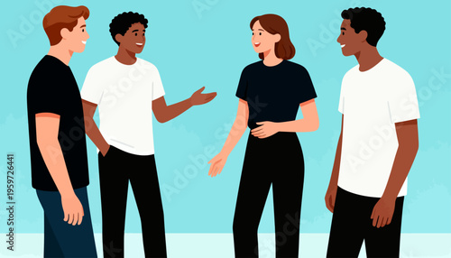 Four people stand together in casual conversation. They smile, nod, and gesture as if sharing ideas. Their expressions show friendliness and engagement. This scene fits workplace, community
